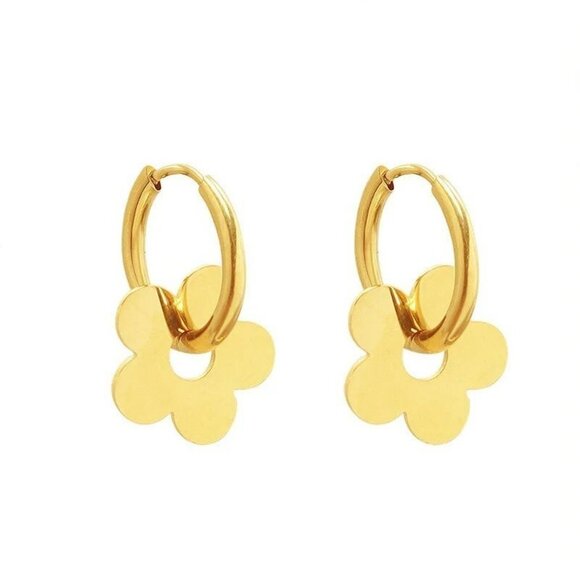 18K Gold Plated Hoop Earrings Charm Geometric Flower Earrings - Picture 10 of 10